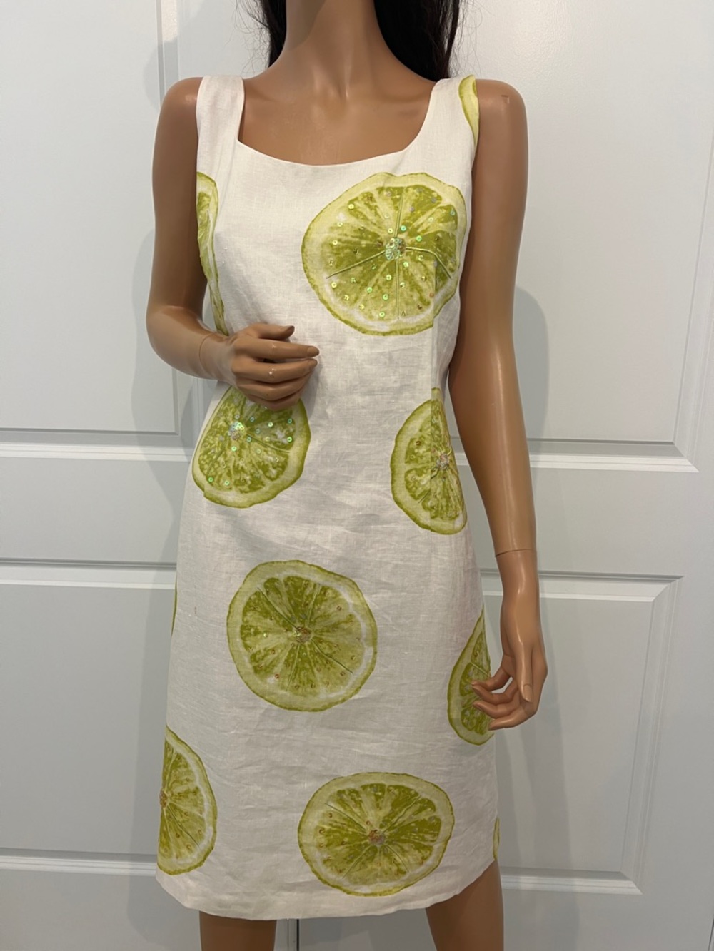 KulaKula Sleeveless White Linen Dress with Green Citrus sequencing Print